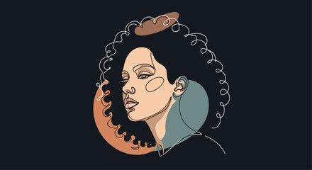 Artistic portrait of a woman with curly hair in a minimalist line style on a dark background.