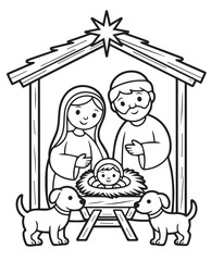 kids coloring pages, Outlined cartoon shows baby in manger flanked by Mary, Joseph, and dogs