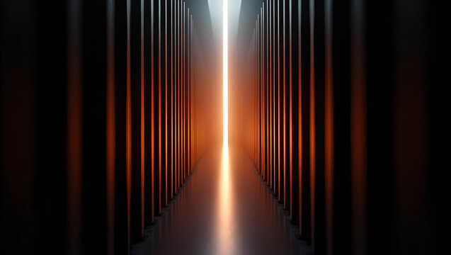 Futuristic corridor of vertical orange light bars – dark tunnel spectrum lines abstract background