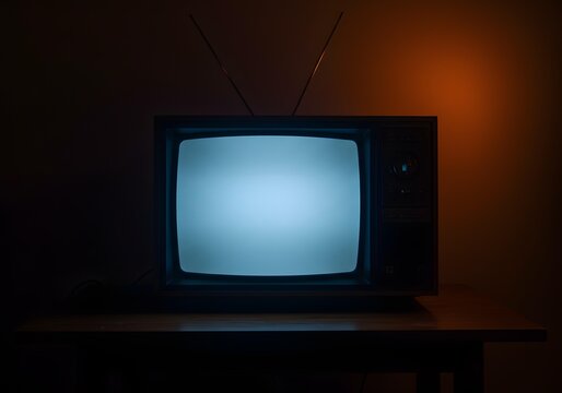 Old CRT television glowing blue in dark room.