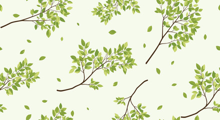 Vibrant green tree branches with delicate foliage and falling leaves form a refreshing seamless pattern on a soft background, perfect for spring designs.