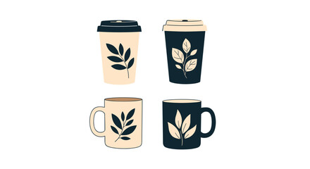 Elegant and minimalist illustrations of various coffee and tea cups and mugs, adorned with simple leafy branch motifs in contrasting dark blue and beige colors.