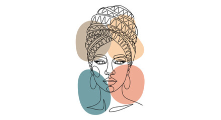 Elegant Line Art Portrait of a Woman with a Head Wrap and Abstract Background Elements.