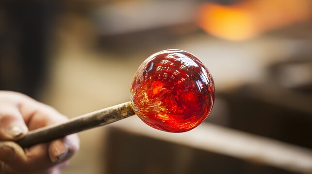 blowpipe. Glassblower shaping molten glass with a blowpipe in a warm studio. safety posters, maintenance manuals, designed for precision metalworking and fabrication facilities, used by engineers.