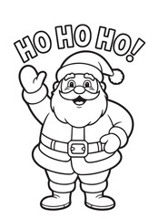 kids coloring pages, Outlined Santa Claus wearing festive attire happily waving while saying ho ho ho on white