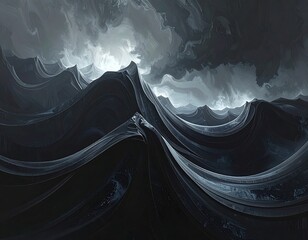 Monochrome abstract depiction of rippling waves under dramatic skies