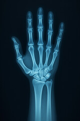 Detailed digital illustration of a human hand X-ray showing bones and joints in glowing blue tones on a dark background. Perfect for medical, anatomical, healthcare, and scientific design projects.