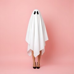 Funny Ghost Costume on Pink Background – Minimal Halloween Concept with Woman Legs