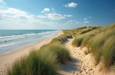 Vast, long sandy beach stretches beside calm blue ocean. Green grass dunes rise along coast under clear bright summer sky. Gentle waves softly break on shore. Footprints mark path through sand