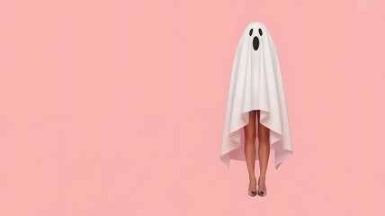 Funny Ghost Costume on Pink Background – Minimal Halloween Concept with Woman Legs