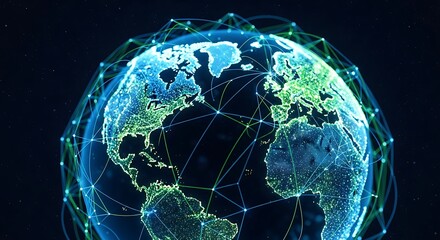 A digital representation of Earth, showcasing a global network of interconnected nodes and lines, symbolizing communication and data flow across the planet.