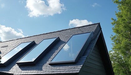 Modern house roof with dark grey tiles, multiple skylights reflecting blue sky, white clouds. Green tree foliage visible beside building. Natural daylight illuminates interior through transparent