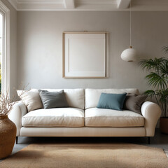 Fototapeta premium White sofa with cushions in modern living room, neutral wall, pendant light, indoor plant, cozy and bright atmosphere
