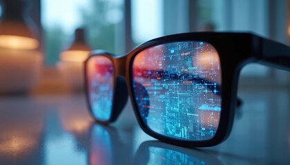 Close-up view of smart glasses with augmented reality display. Digital info, data, graphs overlay lenses. Modern wearable tech offers immersive, futuristic visual experience. New innovations in