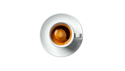 Cup of espresso with crema, overhead shot on black