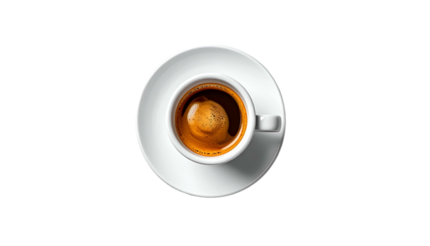 Cup of espresso with crema, overhead shot on black