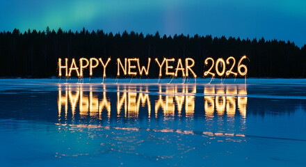 Happy New Year 2026 Sparkler Text Reflected on Frozen Lake: Aurora Borealis Winter Celebration Background
