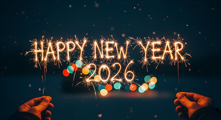 Happy New Year 2026: Hands Holding Sparklers with Festive Golden Bokeh Lights on Dark Background