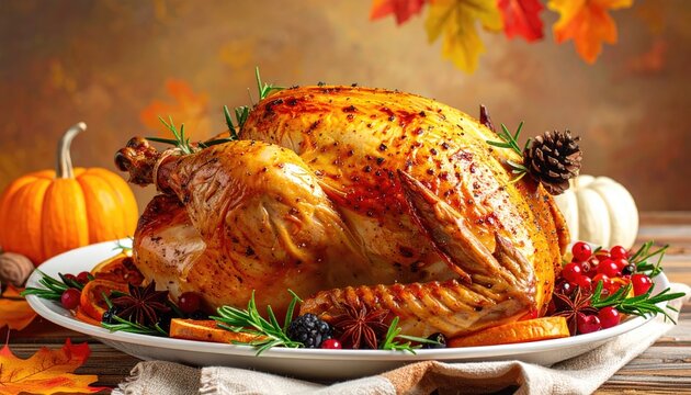 Thanksgiving Feast: A beautifully roasted turkey takes center stage on a festive table, surrounded by autumnal gourds, vibrant berries, and aromatic herbs.