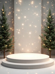 Christmas podium mockup with pine trees and golden confetti background