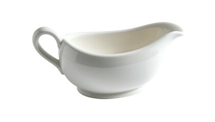Simple, white ceramic sauce boat with handle, isolated on black