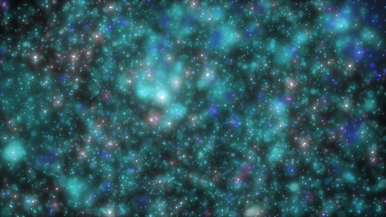 Abstract turquoise and cyan glowing particles forming a cosmic star cloud with a bright ethereal glow