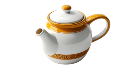 White and yellow ceramic teapot with decorative detailing