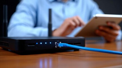 A close-up shot of a router with a blue cable connected and a person using a tablet - Powered by Adobe