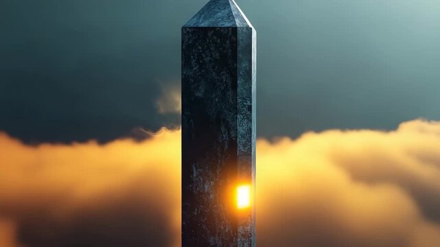 Towering geometric obelisk with a glowing core illuminates the dark sky during twilight hours