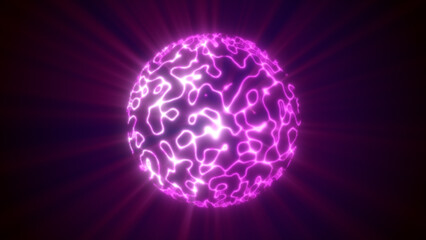 Glowing purple energy sphere with radiant plasma textures and neon light rays in a dark space background