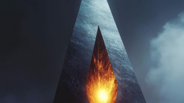 Towering geometric obelisk with a glowing core illuminates the dark sky during twilight hours