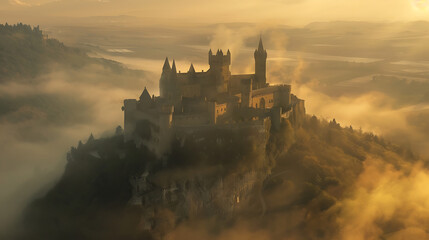 Obraz premium Majestic medieval castle perched on a cliff shrouded in golden morning mist fortress stronghold