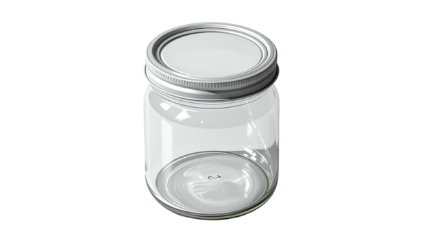 Empty glass jar with a silver lid, isometric view, isolated