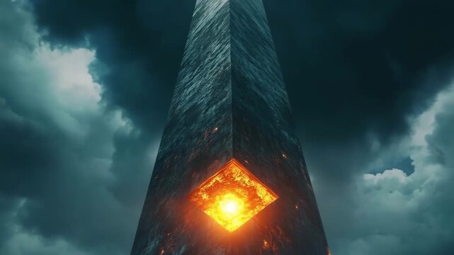 Towering geometric obelisk with a glowing core illuminates the dark sky during twilight hours