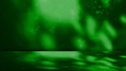 Abstract and minimalist background wall and floor green. Natural light casts soft out-of-focus shapes shadows leaves and tree branches