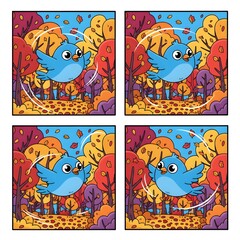 Cute Blue Bird Flying Through Autumn Forest Scene