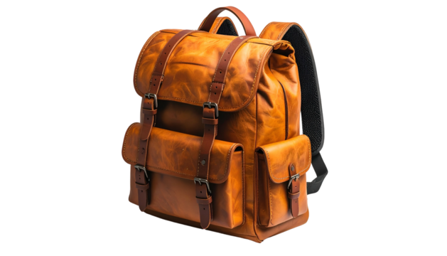 Leather backpack with straps and buckles, against a black background