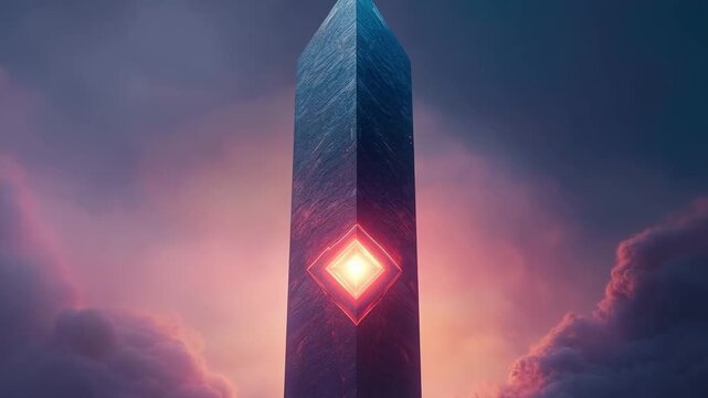 Towering geometric obelisk with a glowing core illuminates the dark sky during twilight hours