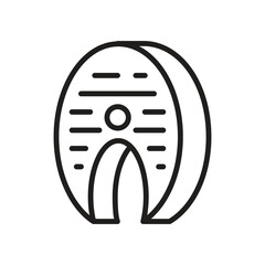 A black line drawing of a fish steak featuring bone lines and a rounded shape