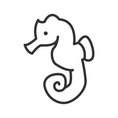 A black line drawing of a seahorse against a white background It faces left with a curled tail