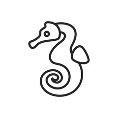 A black line drawing of a seahorse against a white background It has a curved body a snout and a small fin