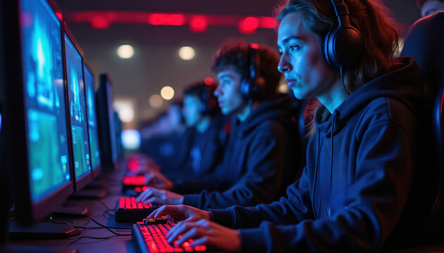 Diverse young adults wear headphones playing video games in a dimly lit room. Gamers focus intently on monitors during an online competition or training session. - Powered by Adobe