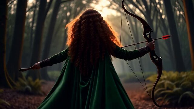 Female archer with bow and arrow walking in an enchanted forest at sunrise