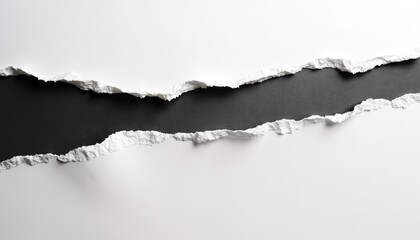 Torn white paper strips reveal dark background space. Jagged edges create abstract contrast. Simple monochrome texture adds modern graphic element.