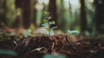 Young plant growing from tree stump, symbol of regeneration and sustainability in forest environment