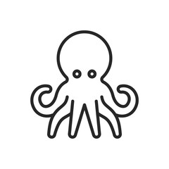 A black line drawing of an octopus with a round head two eyes and eight tentacles