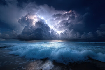 Dramatic lightning storm illuminates ocean waves at night during a stormy weather event