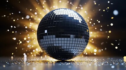 A Detailed Close Up Of A Disco Ball Reflecting Light With Confetti Falling On A Stage With Warm Rays Of Light - Powered by Adobe