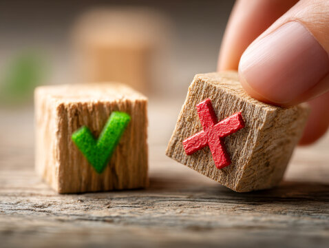 Wooden cubes with green check mark and red cross symbols representing right and wrong choices being handled on rustic wooden surface in bright close-up view