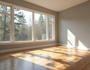 Obraz premium Empty room with large windows shows sunlight. Hardwood floor, wooden material. Bright interior with natural light makes airy space. Clean white trim baseboard. Modern design in neutral color.